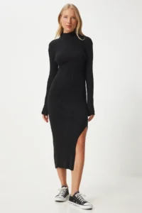 Happiness İstanbul Women's Black High Collar Slit Saran Knitwear Dress