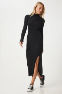 Happiness İstanbul Women's Black High Collar Slit Saran Knitwear Dress - Image 3