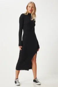 Happiness İstanbul Women's Black High Collar Slit Saran Knitwear Dress - Image 4