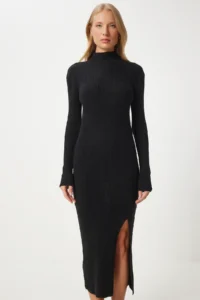 Happiness İstanbul Women's Black High Collar Slit Saran Knitwear Dress - Image 5