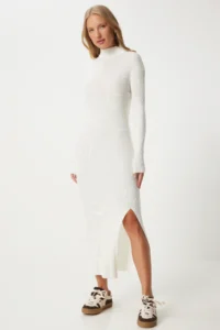 Happiness İstanbul Women's Ecru High Collar Slit Saran Knitwear Dress