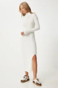 Happiness İstanbul Women's Ecru High Collar Slit Saran Knitwear Dress - Image 2
