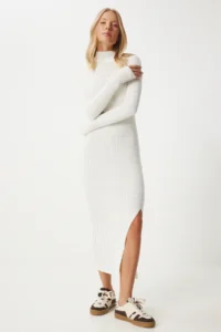 Happiness İstanbul Women's Ecru High Collar Slit Saran Knitwear Dress - Image 3