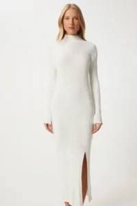 Happiness İstanbul Women's Ecru High Collar Slit Saran Knitwear Dress - Image 4