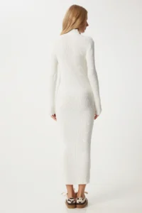Happiness İstanbul Women's Ecru High Collar Slit Saran Knitwear Dress - Image 6