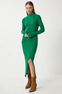 Happiness İstanbul Women's Green High Collar Slit Saran Knitwear Dress - Image 2