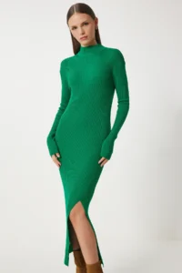 Happiness İstanbul Women's Green High Collar Slit Saran Knitwear Dress - Image 3