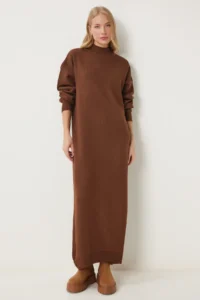 Happiness İstanbul Women's Brown Turtleneck Long Knitwear Dress