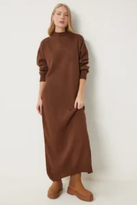 Happiness İstanbul Women's Brown Turtleneck Long Knitwear Dress - Image 2
