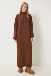 Happiness İstanbul Women's Brown Turtleneck Long Knitwear Dress - Image 3