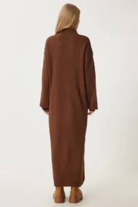 Happiness İstanbul Women's Brown Turtleneck Long Knitwear Dress - Image 5