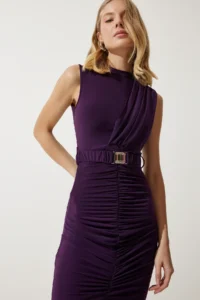 Happiness İstanbul Women's Purple Belted Gathered Saran Knitted Dress - Image 2