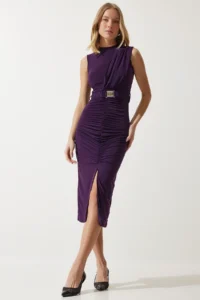 Happiness İstanbul Women's Purple Belted Gathered Saran Knitted Dress - Image 3