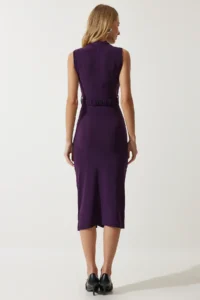 Happiness İstanbul Women's Purple Belted Gathered Saran Knitted Dress - Image 5