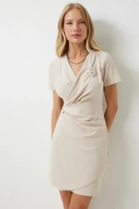 Happiness İstanbul Women's Cream Brooch Wrap Collar Mini Woven Dress - Image 2