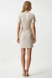 Happiness İstanbul Women's Cream Brooch Wrap Collar Mini Woven Dress - Image 7