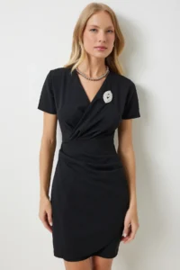 Happiness İstanbul Women's Black Brooch Wrap Collar Mini Woven Dress - Image 2