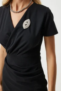 Happiness İstanbul Women's Black Brooch Wrap Collar Mini Woven Dress - Image 4