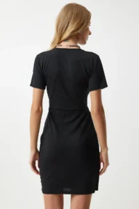 Happiness İstanbul Women's Black Brooch Wrap Collar Mini Woven Dress - Image 5