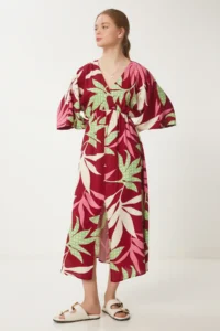 Happiness İstanbul Women's Burgundy Green Wrap Collar Patterned Summer Viscose Dress