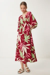 Happiness İstanbul Women's Burgundy Green Wrap Collar Patterned Summer Viscose Dress - Image 2