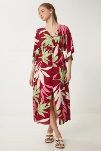 Happiness İstanbul Women's Burgundy Green Wrap Collar Patterned Summer Viscose Dress - Image 3