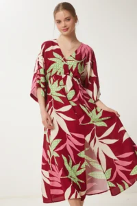 Happiness İstanbul Women's Burgundy Green Wrap Collar Patterned Summer Viscose Dress - Image 4