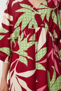 Happiness İstanbul Women's Burgundy Green Wrap Collar Patterned Summer Viscose Dress - Image 5