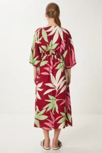 Happiness İstanbul Women's Burgundy Green Wrap Collar Patterned Summer Viscose Dress - Image 6