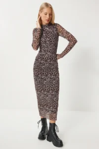 Happiness İstanbul Women's Black Gray Leopard Patterned Gathered Saran Tulle Dress