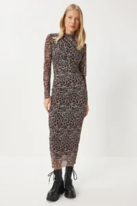 Happiness İstanbul Women's Black Gray Leopard Patterned Gathered Saran Tulle Dress - Image 2