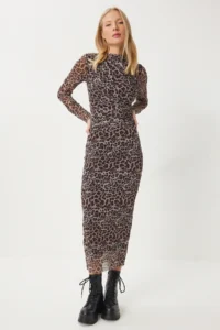 Happiness İstanbul Women's Black Gray Leopard Patterned Gathered Saran Tulle Dress - Image 3