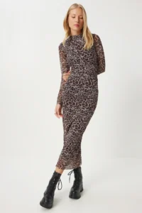 Happiness İstanbul Women's Black Gray Leopard Patterned Gathered Saran Tulle Dress - Image 4