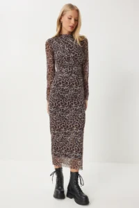 Happiness İstanbul Women's Black Gray Leopard Patterned Gathered Saran Tulle Dress - Image 5