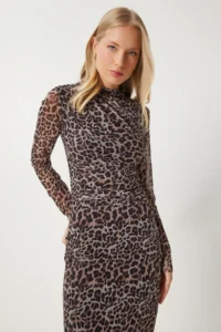 Happiness İstanbul Women's Black Gray Leopard Patterned Gathered Saran Tulle Dress - Image 6