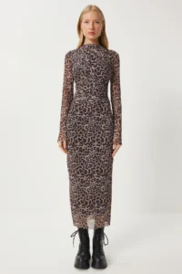 Happiness İstanbul Women's Black Gray Leopard Patterned Gathered Saran Tulle Dress - Image 7