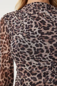 Happiness İstanbul Women's Black Gray Leopard Patterned Gathered Saran Tulle Dress - Image 8