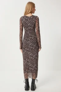 Happiness İstanbul Women's Black Gray Leopard Patterned Gathered Saran Tulle Dress - Image 9