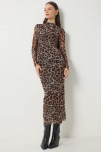 Happiness İstanbul Women's Brown Beige Leopard Patterned Gathered Saran Tulle Dress - Image 2