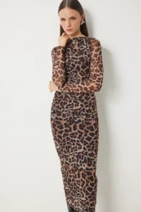 Happiness İstanbul Women's Brown Beige Leopard Patterned Gathered Saran Tulle Dress - Image 3