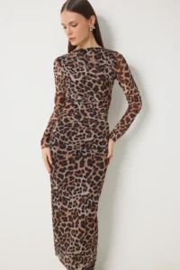 Happiness İstanbul Women's Brown Beige Leopard Patterned Gathered Saran Tulle Dress - Image 4