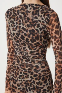 Happiness İstanbul Women's Brown Beige Leopard Patterned Gathered Saran Tulle Dress - Image 5