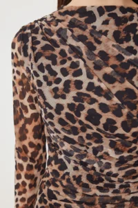 Happiness İstanbul Women's Brown Beige Leopard Patterned Gathered Saran Tulle Dress - Image 6