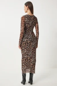 Happiness İstanbul Women's Brown Beige Leopard Patterned Gathered Saran Tulle Dress - Image 7