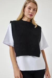 Happiness İstanbul Women Black Sweater Knitting T-Shirt - Image 3