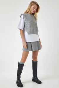 Happiness İstanbul Women Gray Sweater Knitting T-Shirt - Image 2