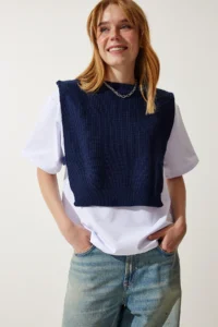 Happiness İstanbul Women Navy Blue Sweater Knitting T-Shirt