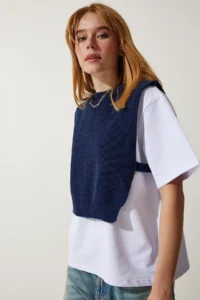 Happiness İstanbul Women Navy Blue Sweater Knitting T-Shirt - Image 2