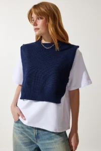 Happiness İstanbul Women Navy Blue Sweater Knitting T-Shirt - Image 3