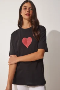 Happiness İstanbul Women's Black Sparkly Heart Printed Oversize Knitted T-Shirt